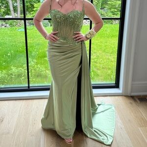 GORGEOUS dress! Cinderella Divine Applique Fitted Satin Corset with Slit